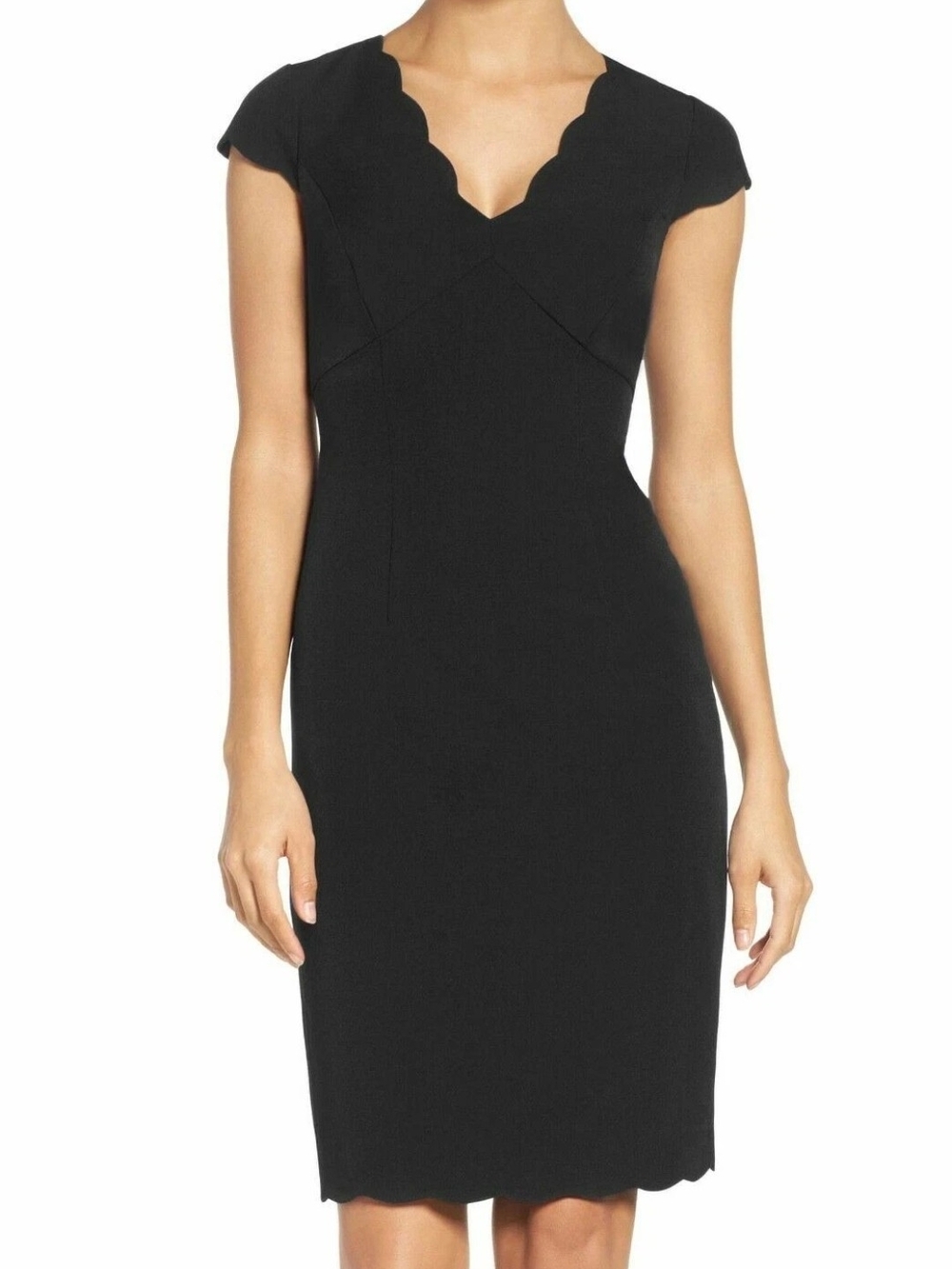 Adrianna Papell Womens Classic Black Scalloped Above Knee Sheath Dress, Size 2